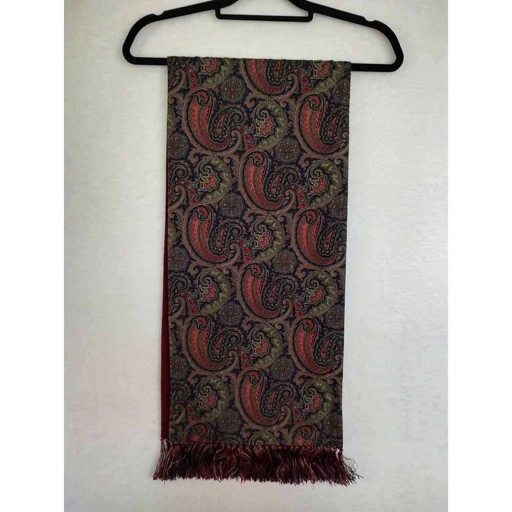 Burberrys Vintage Reversible Scarf Burgundy Cashmere Wool Paisley Silk England